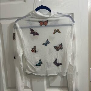 Butterfly Print Sheer White Crop Top Size Large